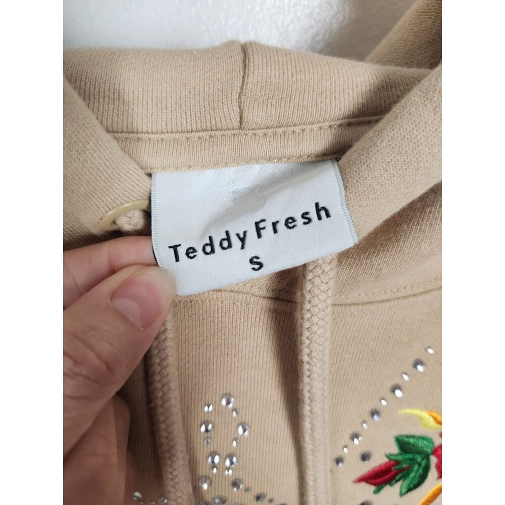 Teddy Fresh Women's Sz. S Embroidered Bling Tan Hooded Sweatshirt - Picture 2 of 5